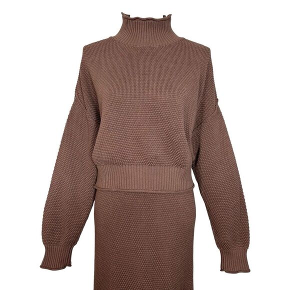 Free People Hailee Sweater Skirt Set M Brown Mock Neck Cropped Pullover Midi - Picture 6 of 13